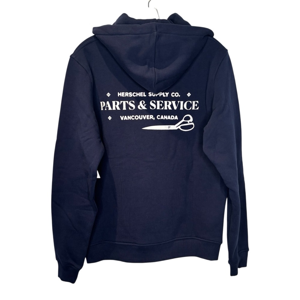NWT Herschel Supply Co. Navy pullover Hoodie with 'Parts & Service' Graphic Sm